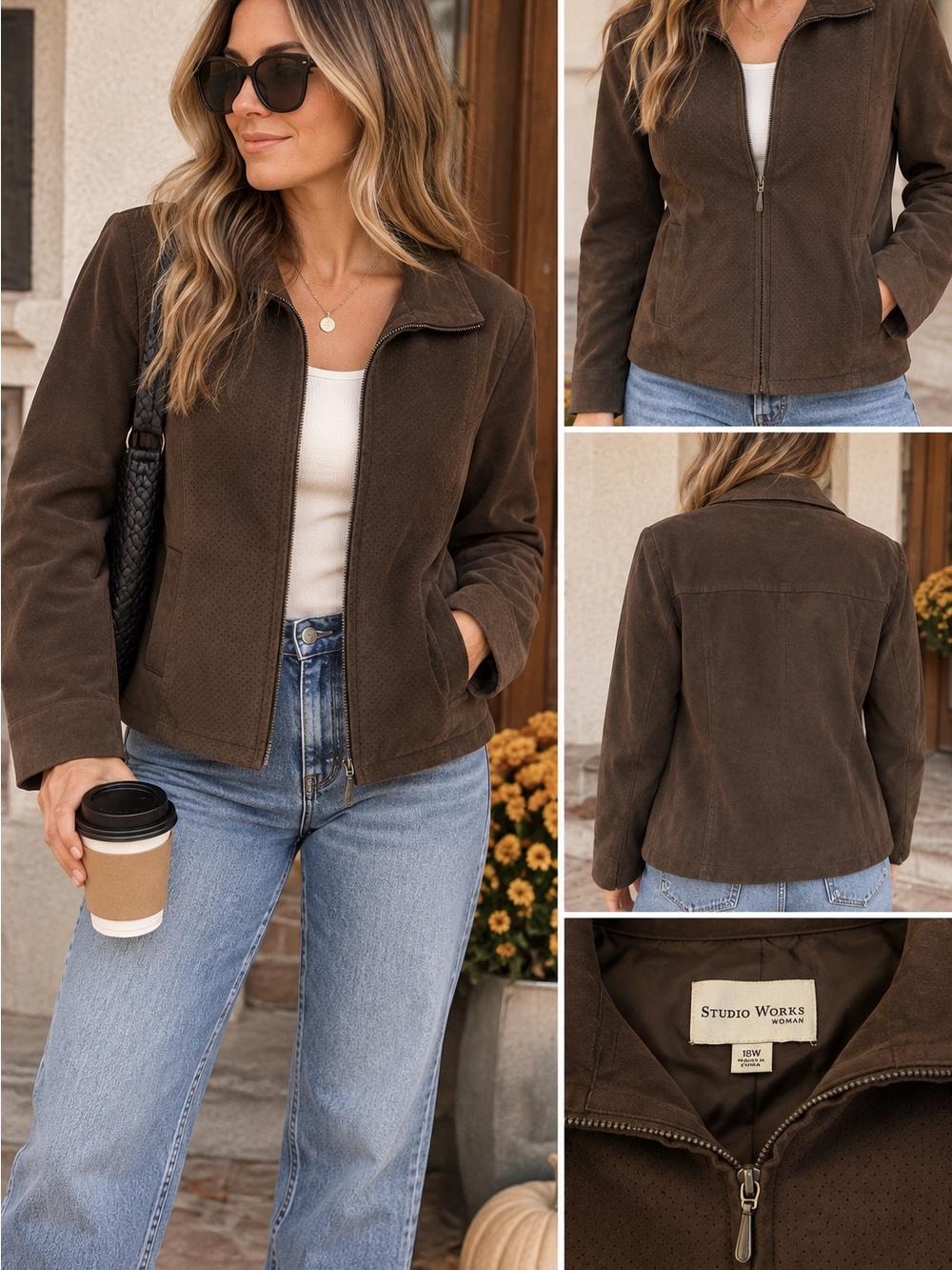 Studio Works Dark Brown Zip-Front Faux Suede Jacket